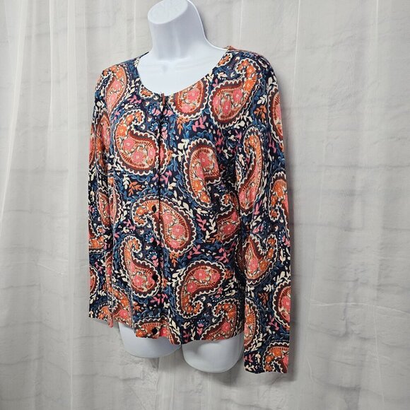 Talbots Blue Pink Paisley Merino Wool Cardigan Retro Classic M - Picture 5 of 10
